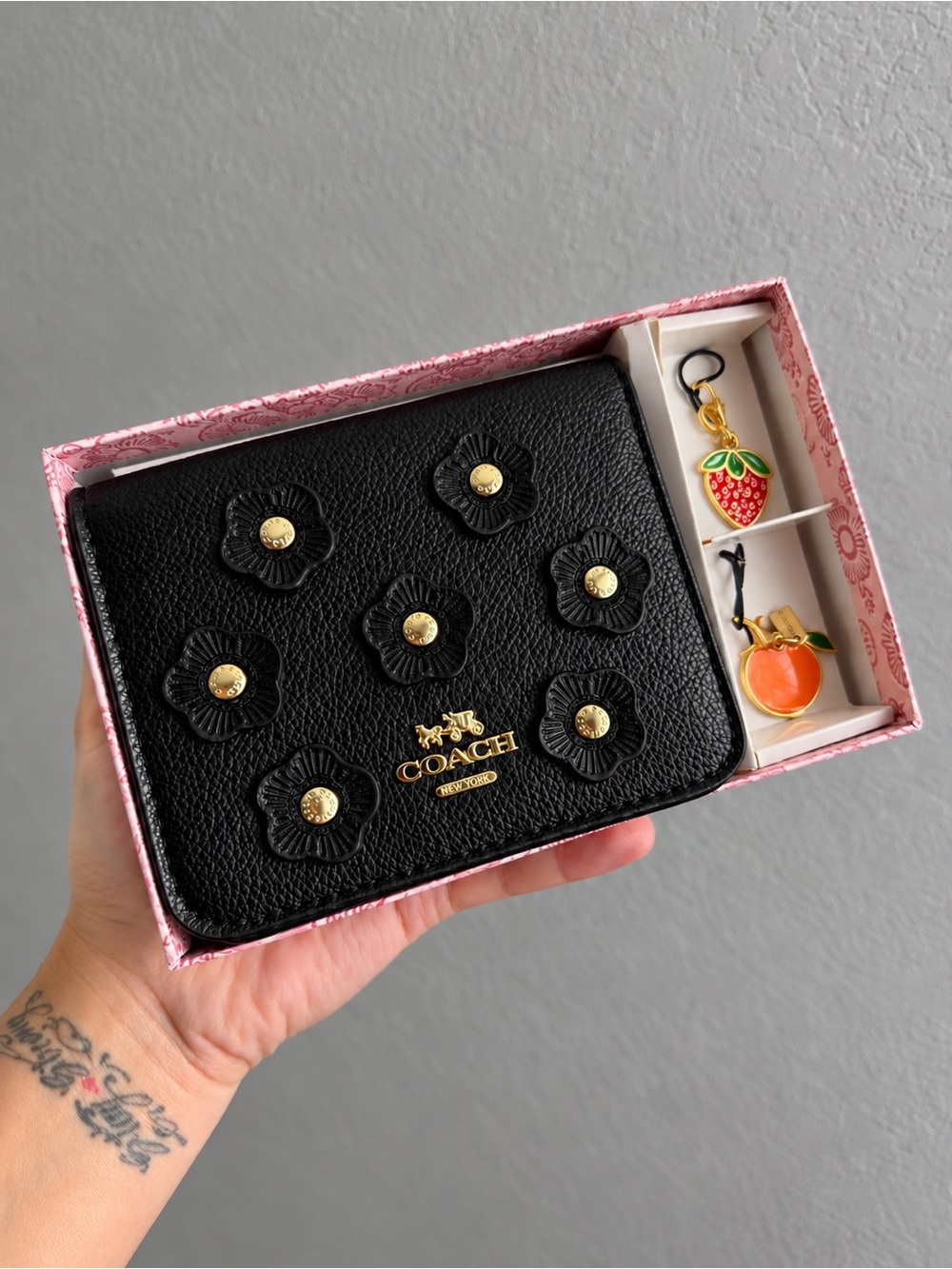 Black Floral Mini Crossbody Bag with Fruit Charms